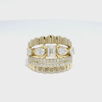 14k Yellow Gold Natural Diamond Emerald Cut & Pear Shape Multi-Row Ring
