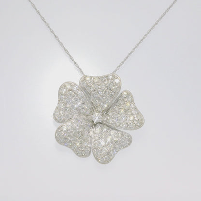 18k White Gold Natural Diamond Pave Flower Pendant Necklace