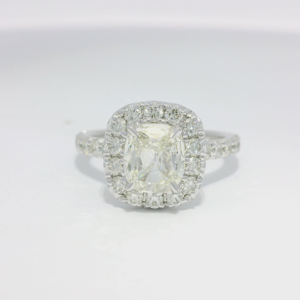 Henri Daussi 18k White Gold Natural Cushion Cut Diamond Halo Engagement Ring