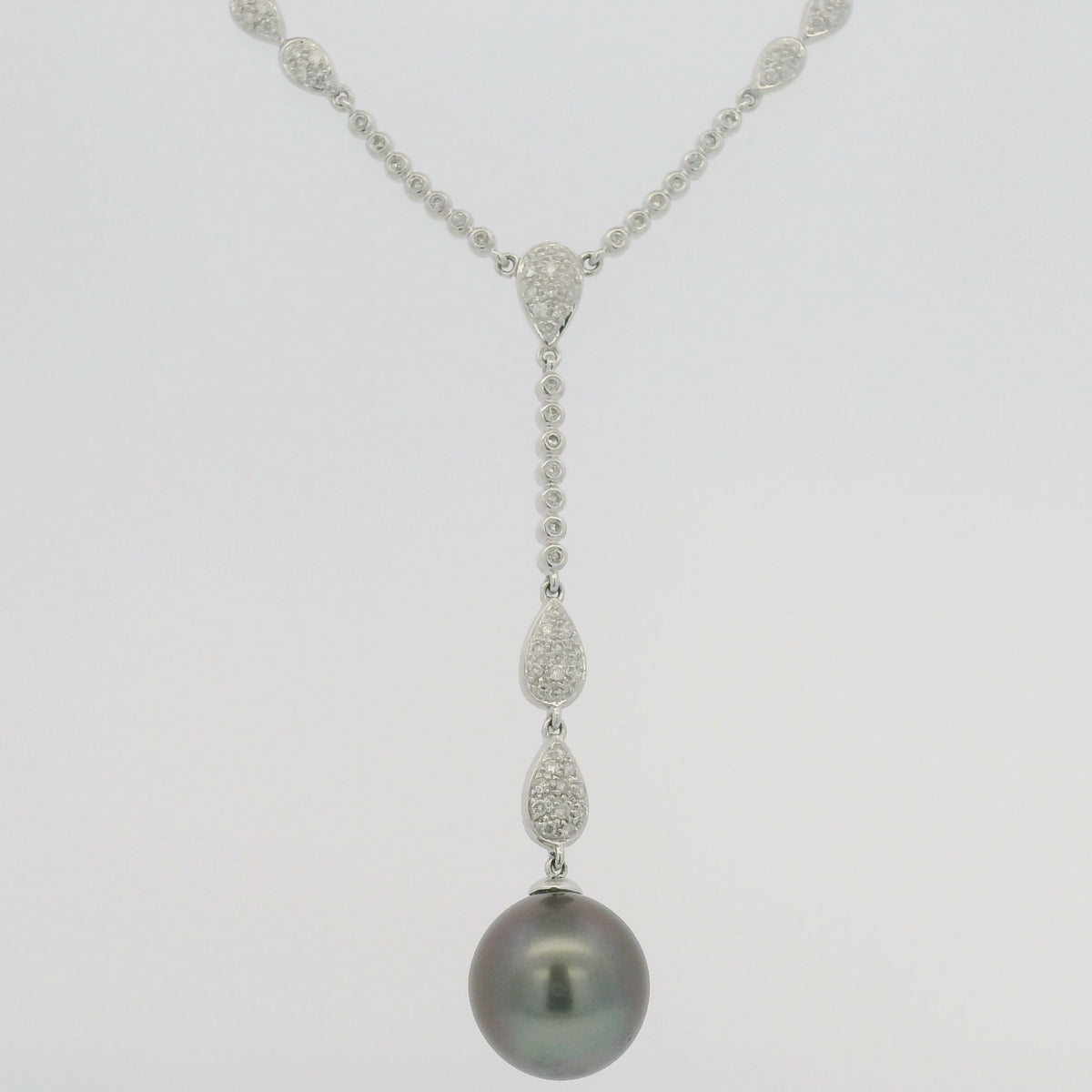 14k White Gold Black Pearl & Diamond Pave Drop Necklace