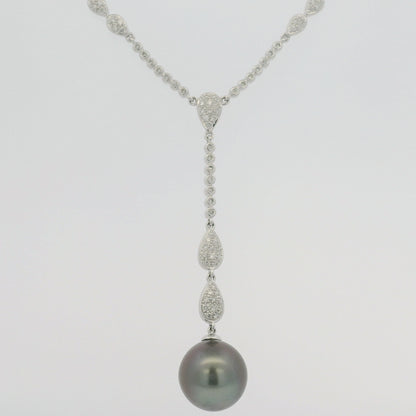 14k White Gold Black Pearl & Diamond Pave Drop Necklace