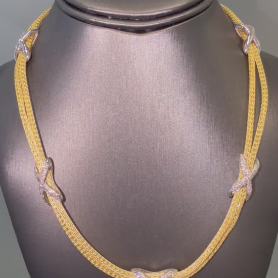 18k Two Tone Gold Natural Pave Diamond "X" Double Strand Necklace