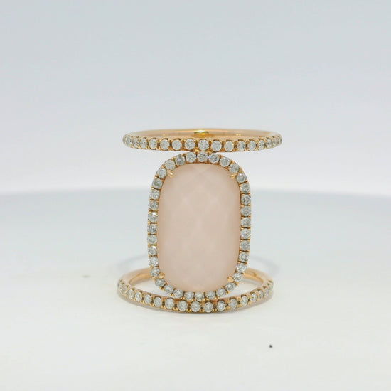 Meira T 14k Rose Gold Rose Quartz &amp; Diamond Halo Double Band Ring