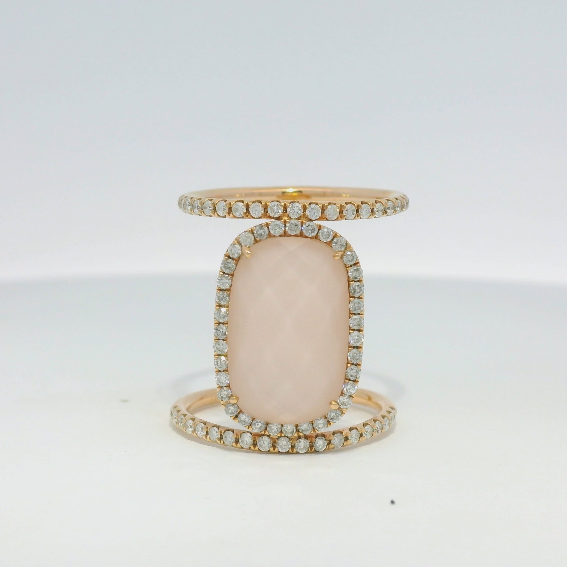 Meira T 14k Rose Gold Rose Quartz &amp; Diamond Halo Double Band Ring