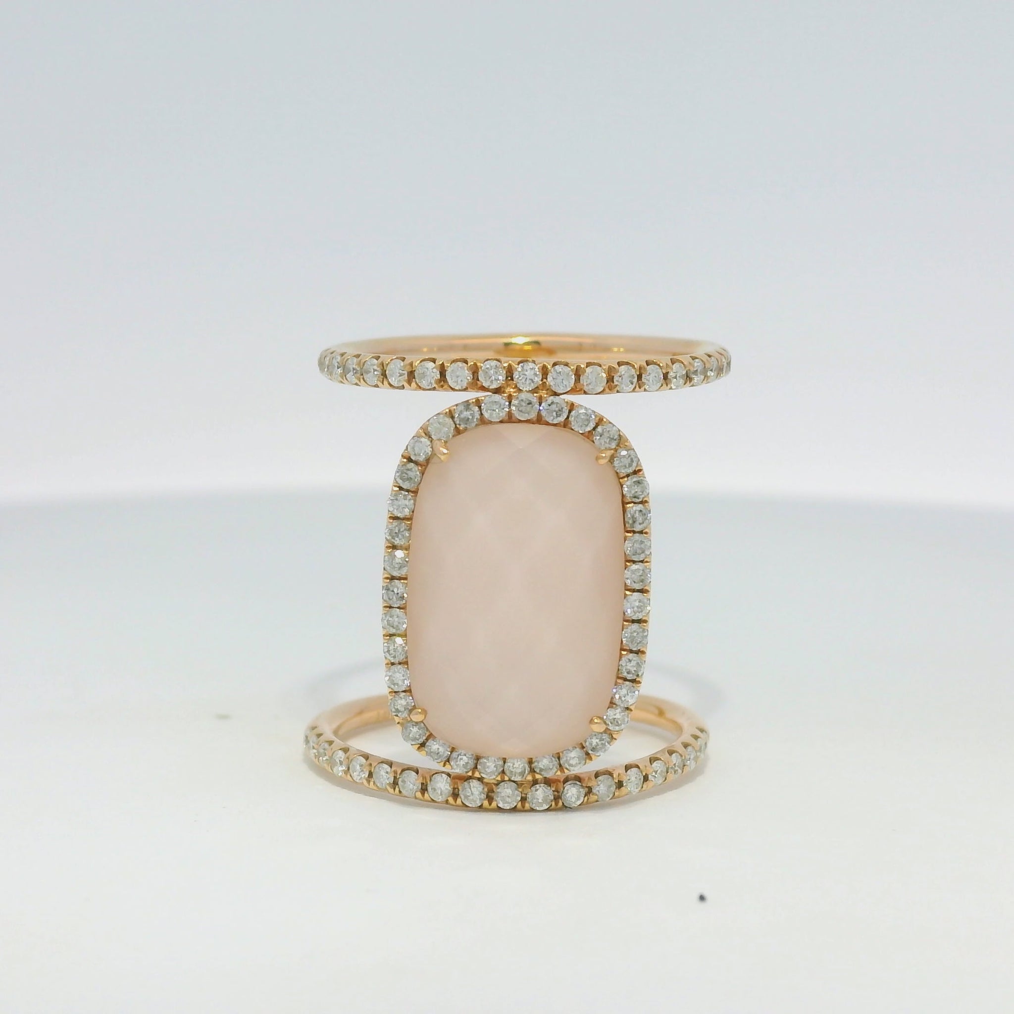 Meira T 14k Rose Gold Rose Quartz &amp; Diamond Halo Double Band Ring