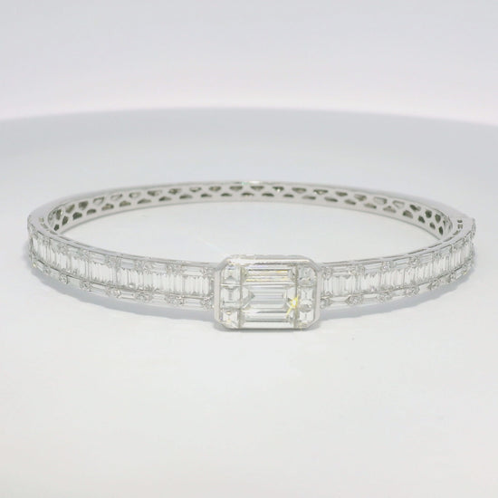 18k White Gold Natural Round Brilliant & Baguette Cut Diamond Square Station Bangle Bracelet