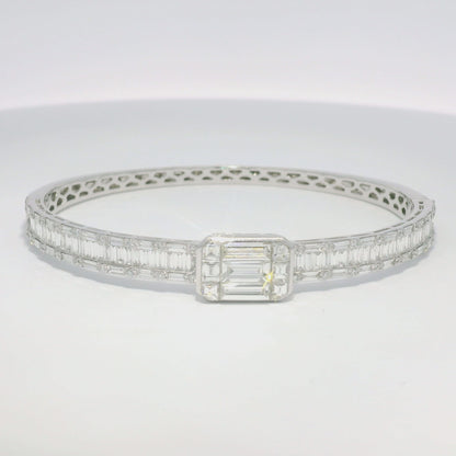 18k White Gold Natural Round Brilliant & Baguette Cut Diamond Square Station Bangle Bracelet