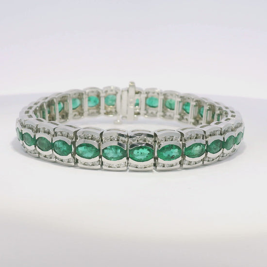 14k White Gold Natural Oval Shape Emerald & Diamond Wide Bracelet