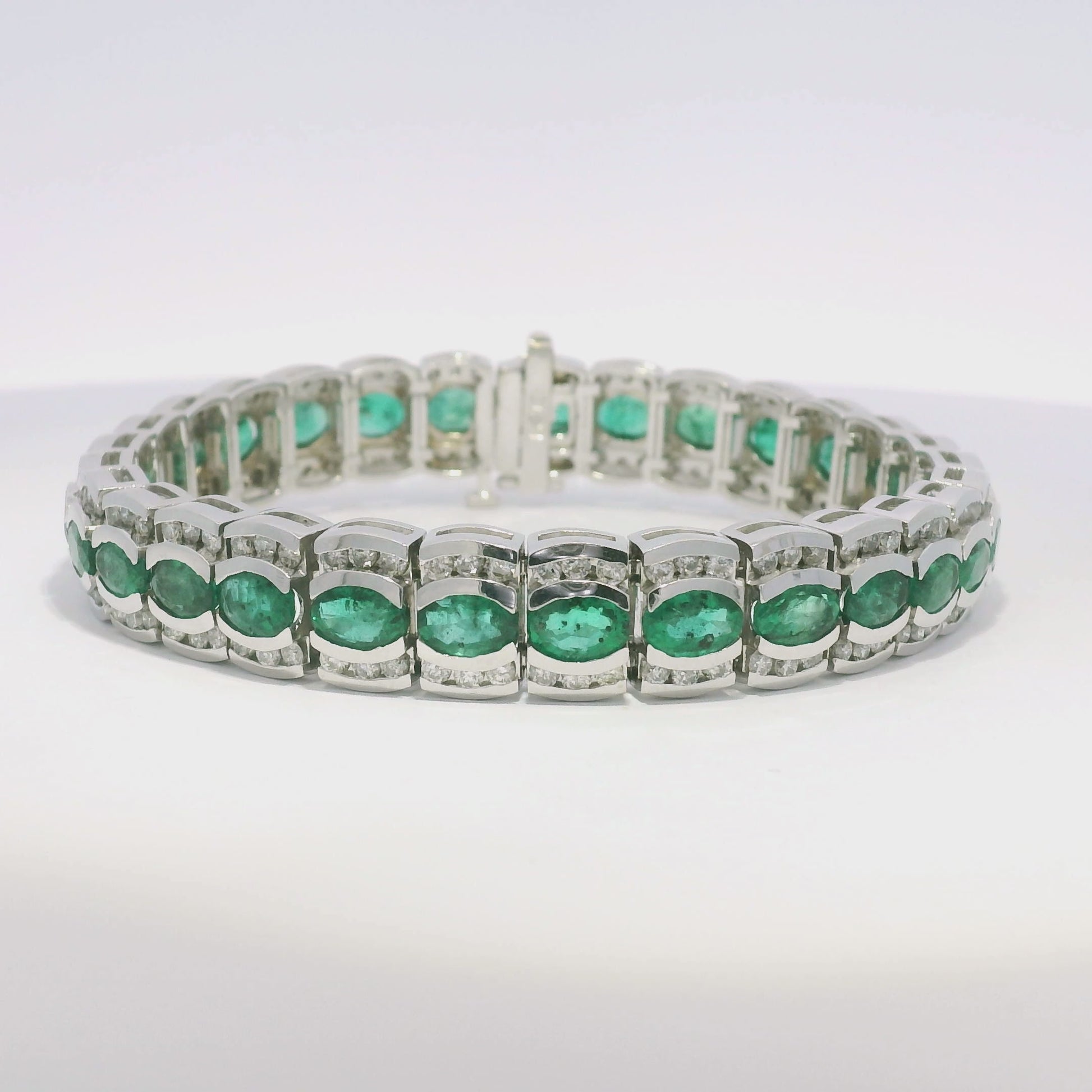 14k White Gold Natural Oval Shape Emerald & Diamond Wide Bracelet