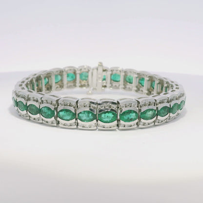 14k White Gold Natural Oval Shape Emerald & Diamond Wide Bracelet