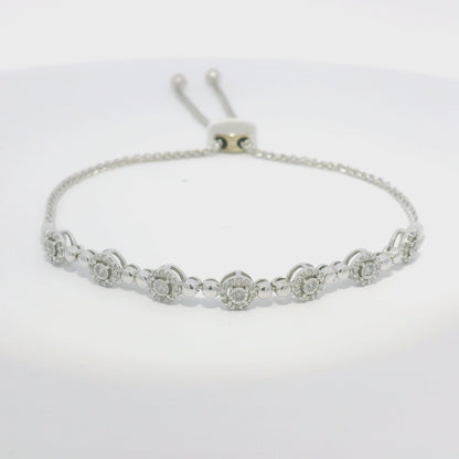 10k White Gold Natural Round Brilliant Diamond Adjustable Station Bracelet