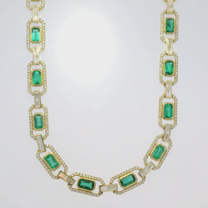 14k Yellow Gold Natural Emerald &amp; Baguette Cut Diamond Link Necklace