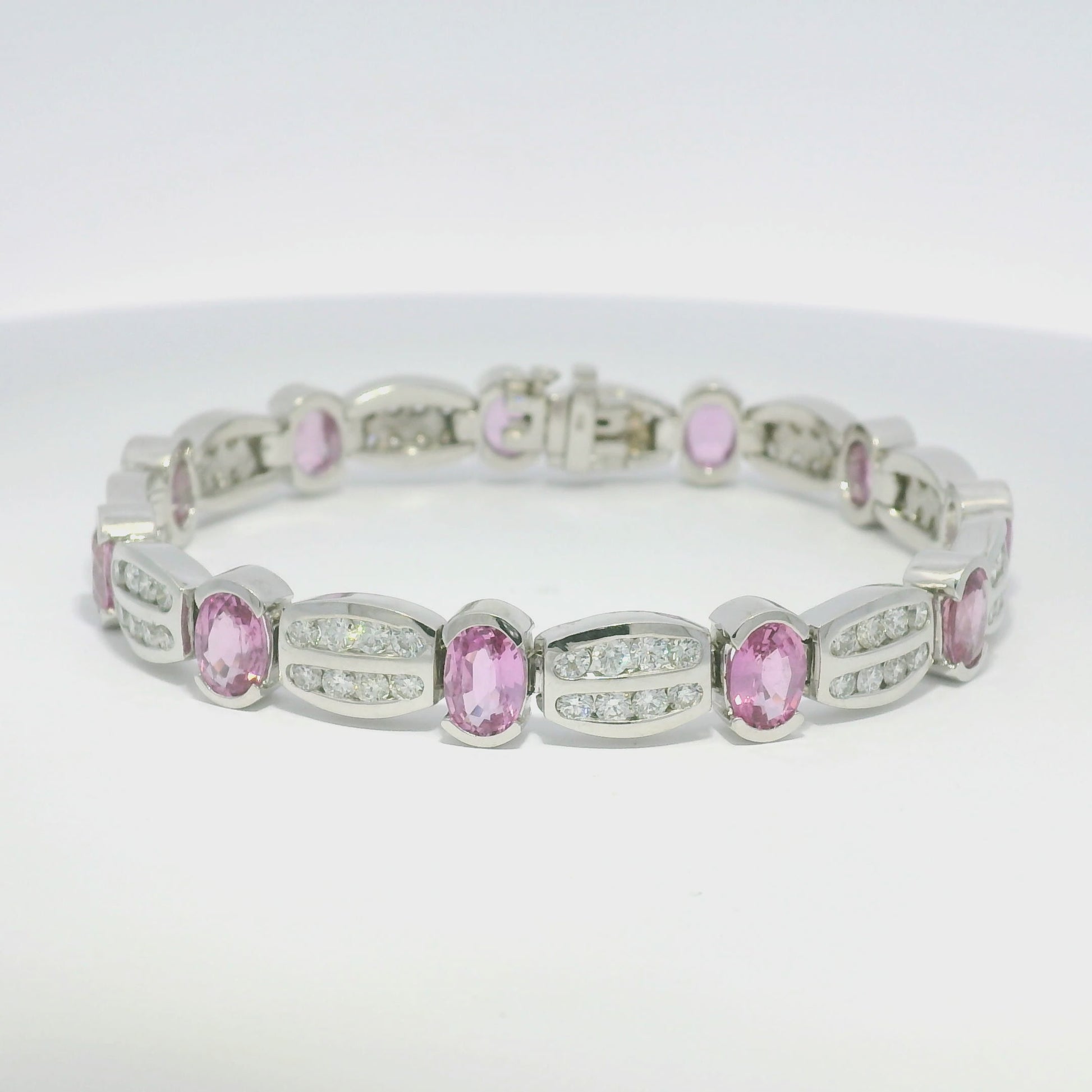 14k White Gold Natural Oval Shape Pink Sapphire & Diamond Bracelet