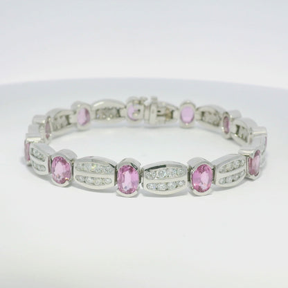 14k White Gold Natural Oval Shape Pink Sapphire & Diamond Bracelet
