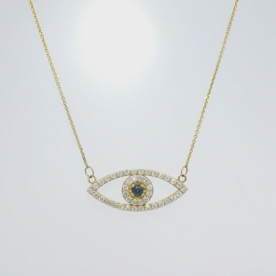 14k Yellow Gold Natural Diamond & Sapphire Evil Eye Pendant Necklace