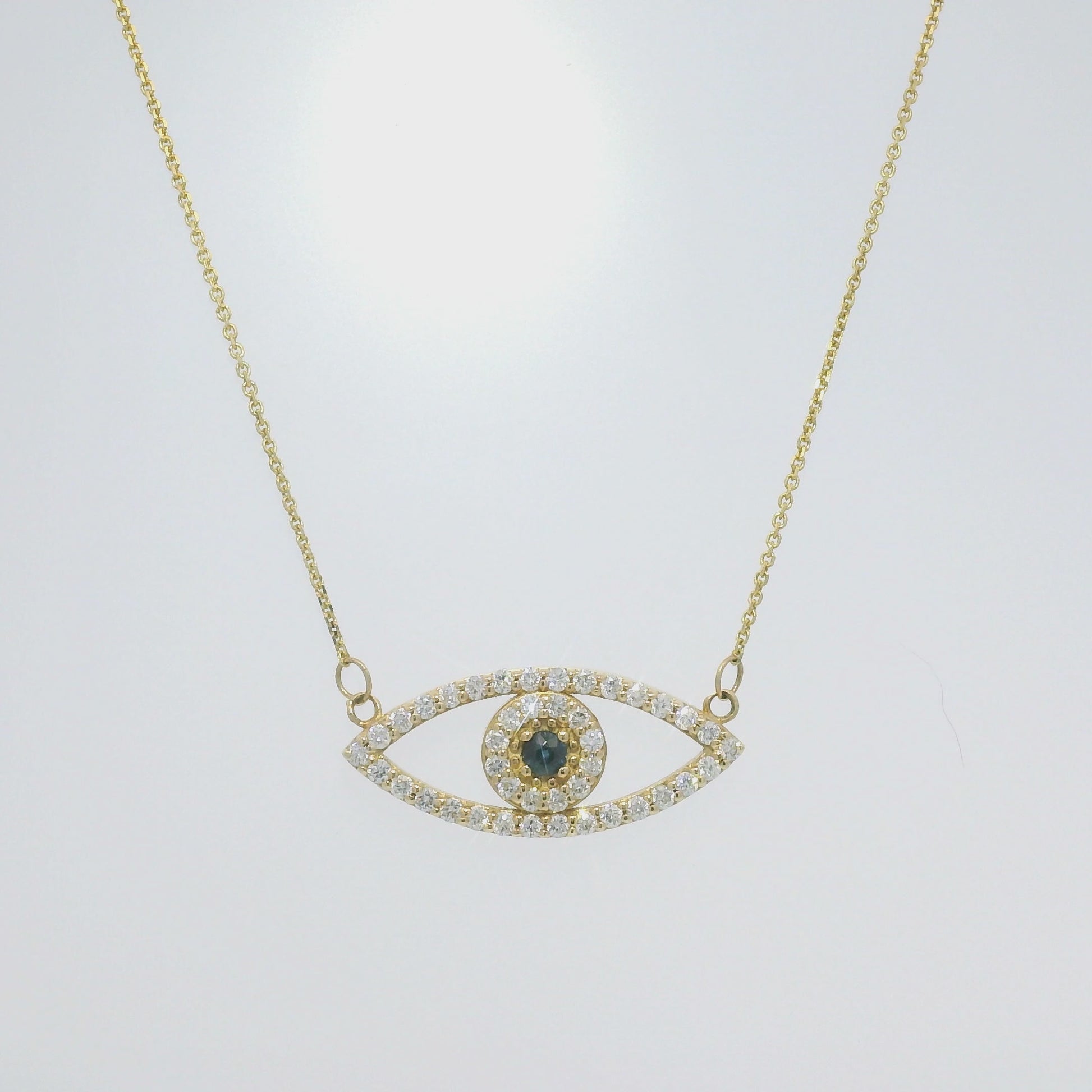 14k Yellow Gold Natural Diamond & Sapphire Evil Eye Pendant Necklace