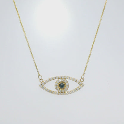 14k Yellow Gold Natural Diamond & Sapphire Evil Eye Pendant Necklace