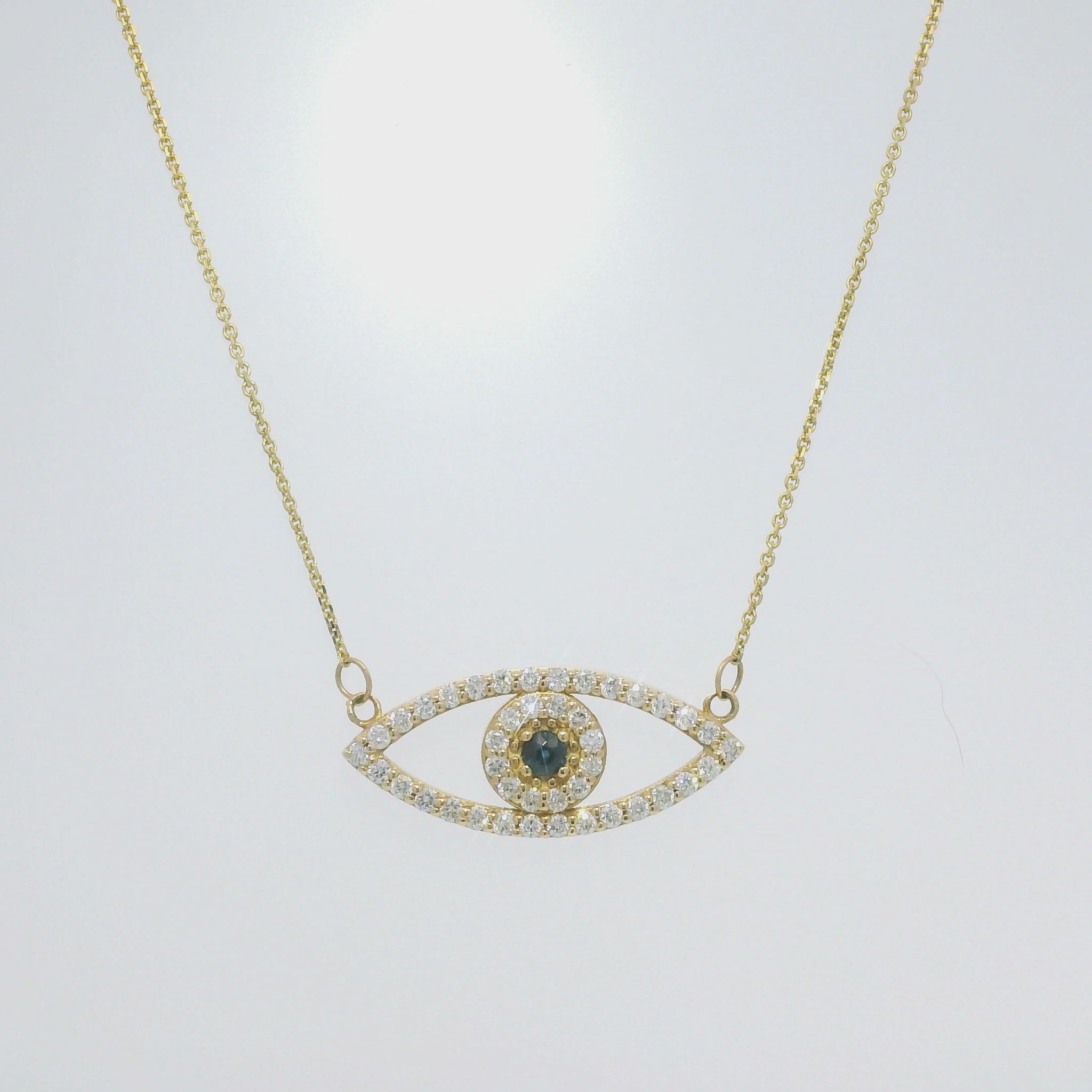 14k Yellow Gold Natural Diamond & Sapphire Evil Eye Pendant Necklace