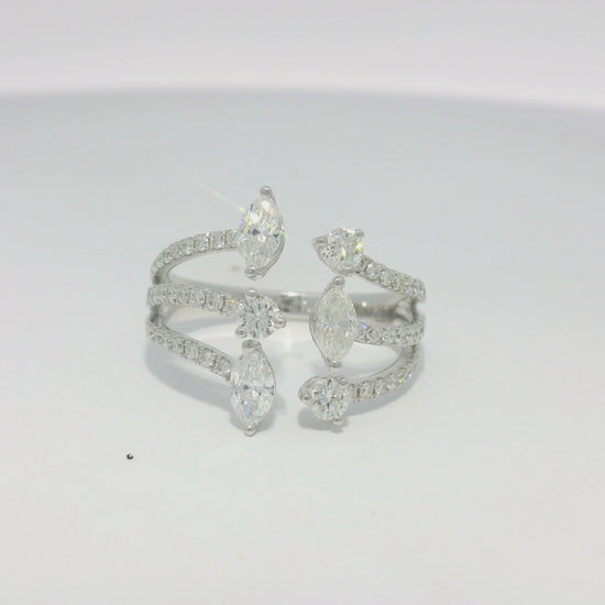 14k White Gold Natural Marquise & Round Brilliant Cut Diamond Openwork Ring