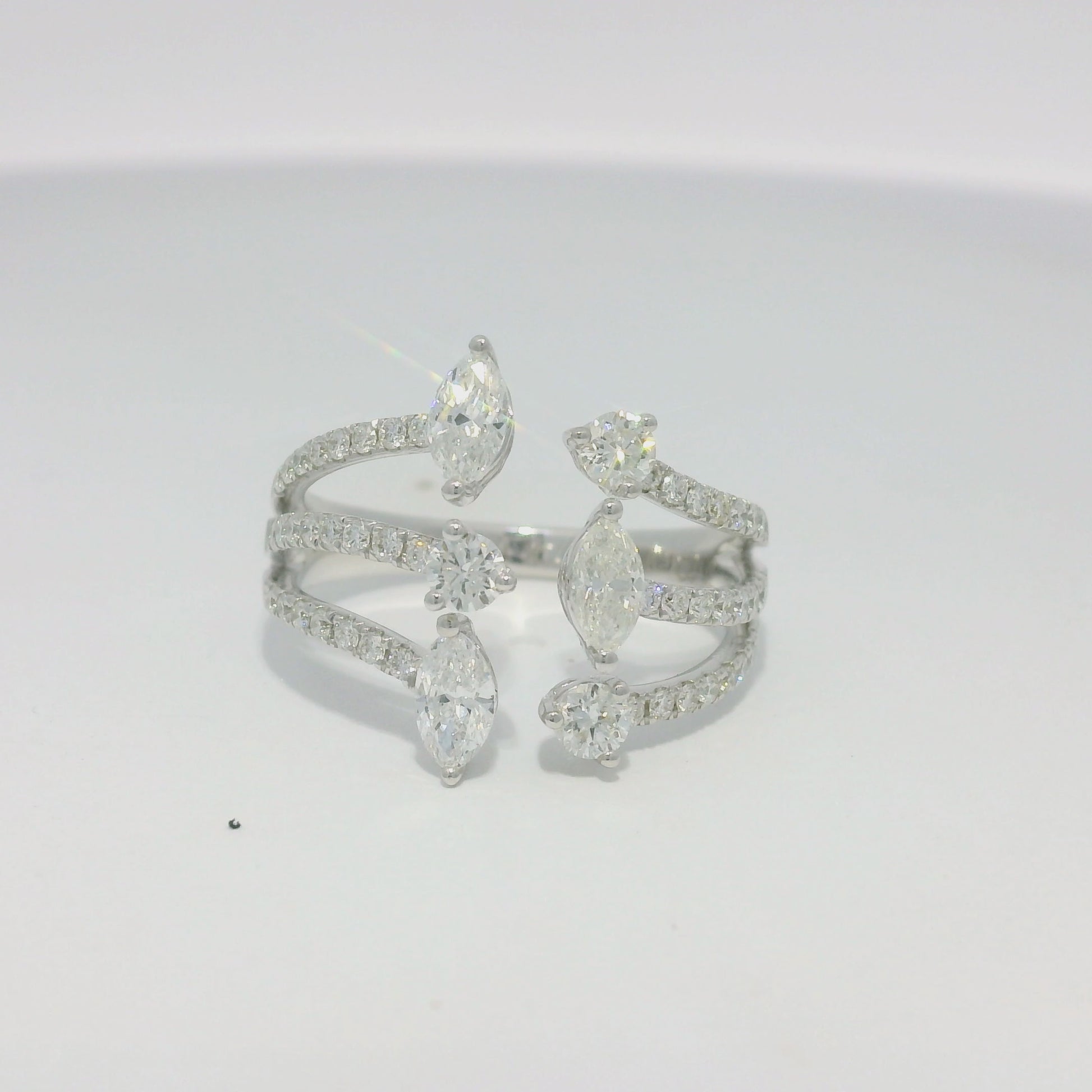 14k White Gold Natural Marquise & Round Brilliant Cut Diamond Openwork Ring