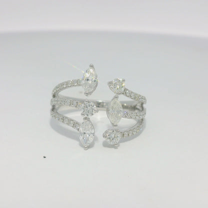 14k White Gold Natural Marquise & Round Brilliant Cut Diamond Openwork Ring