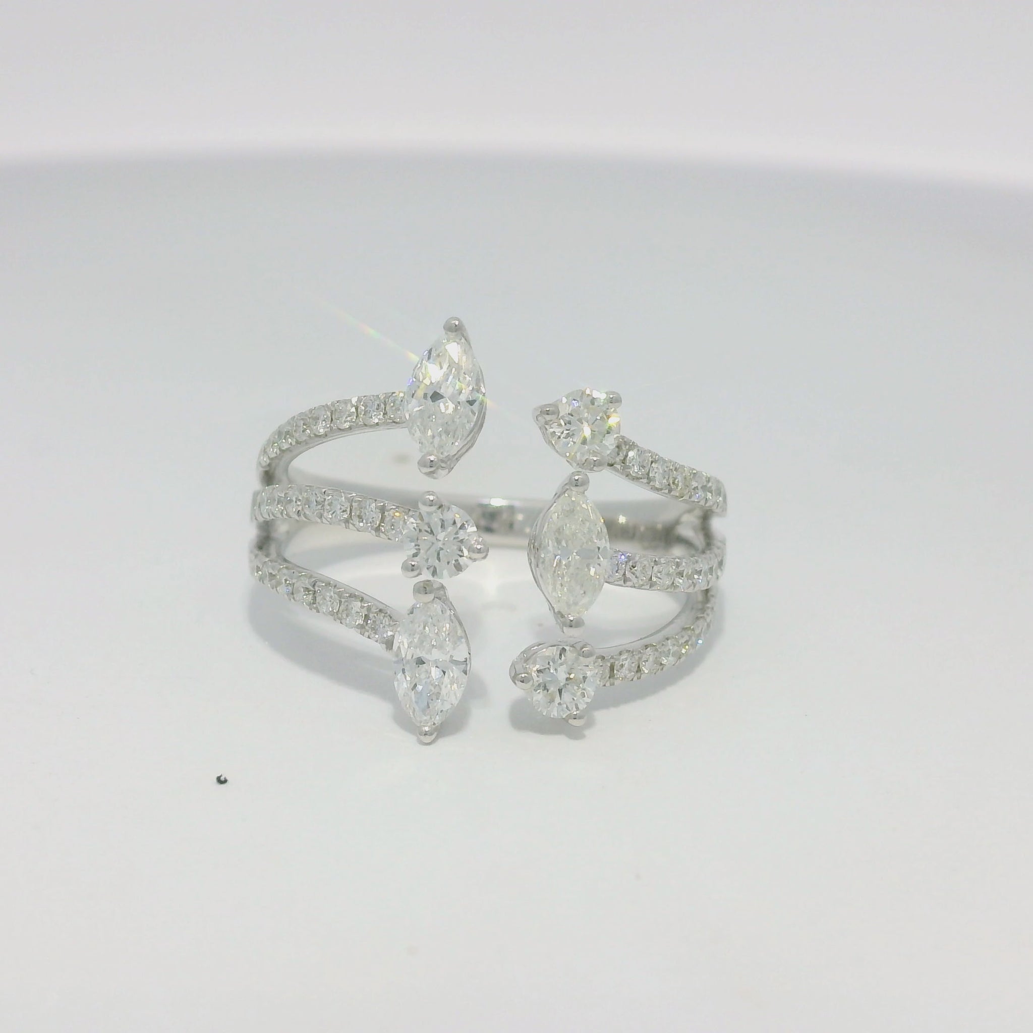 14k White Gold Natural Marquise & Round Brilliant Cut Diamond Openwork Ring