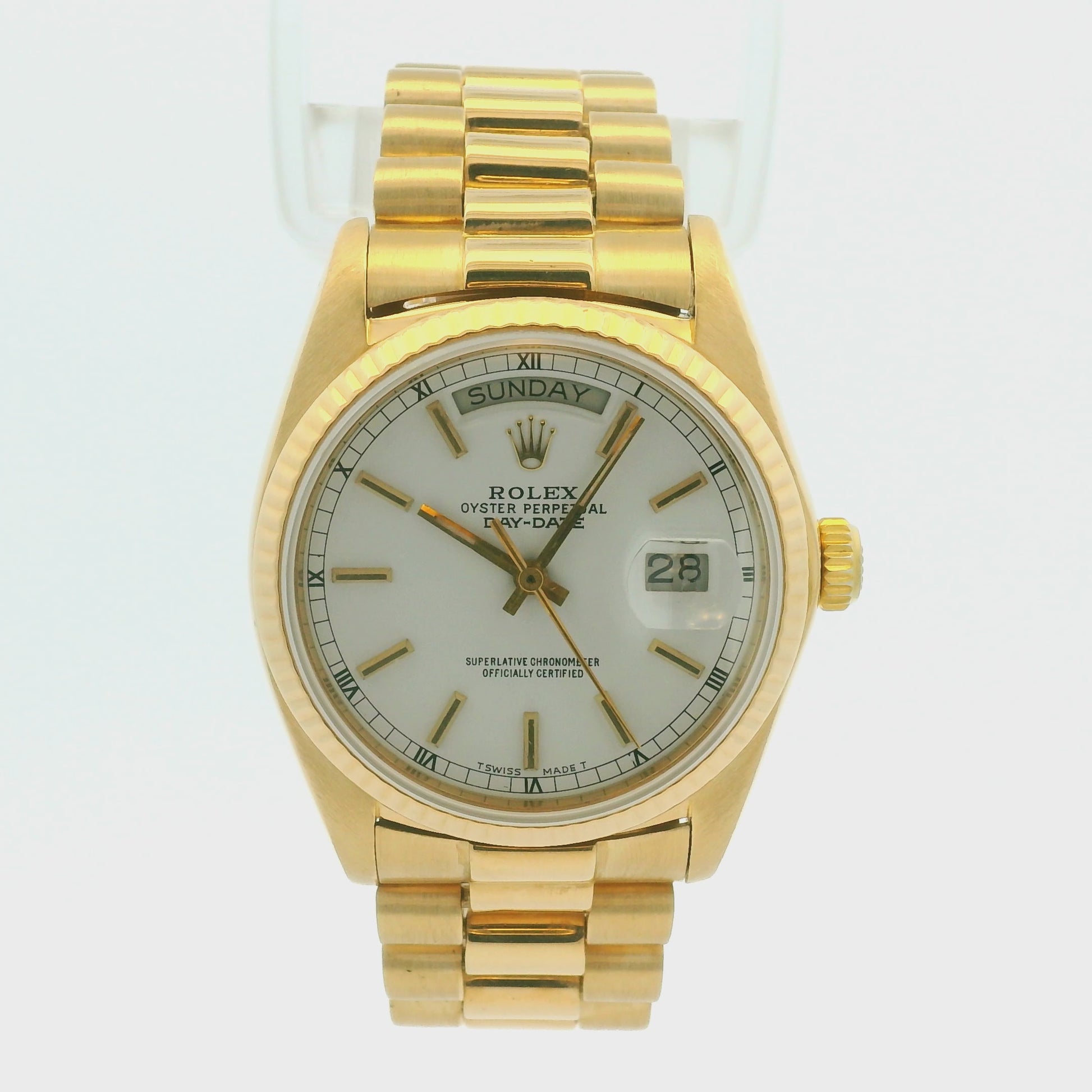 Rolex 18038 Day-Date 18k Yellow Gold Presidential White Dial 36mm Watch
