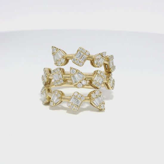 14k Yellow Gold Natural Diamond Multi-Shape 3-Row Bypass Ring