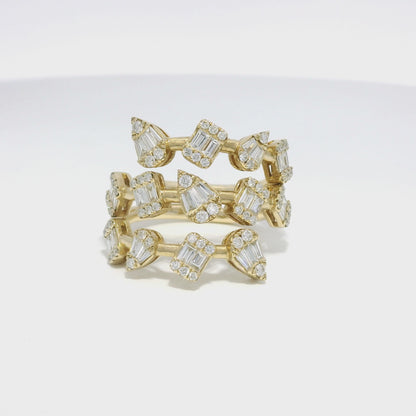 14k Yellow Gold Natural Diamond Multi-Shape 3-Row Bypass Ring