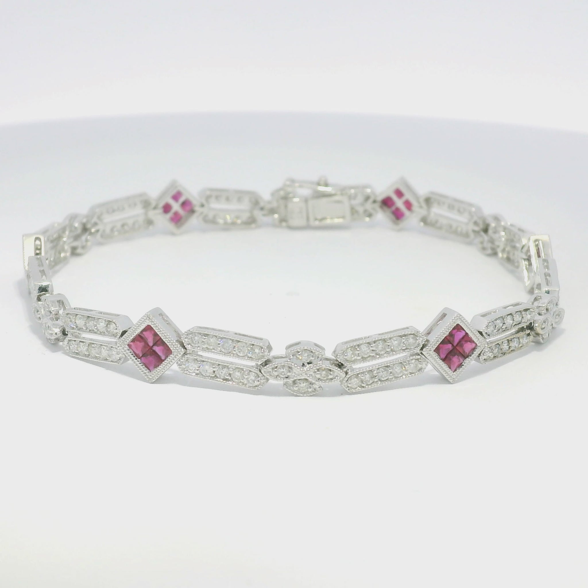 18k White Gold Natural Diamond & Ruby Square Station Bracelet