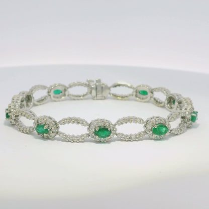 14k White Gold Natural Emerald & Diamond Open Link Bracelet