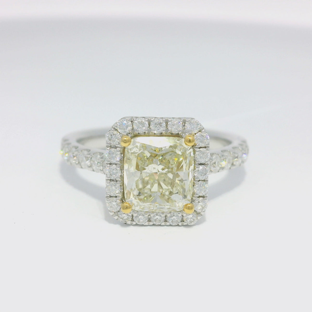 18k White Gold Natural Yellow 1.77 Carat Radiant Cut Diamond Halo Engagement Ring