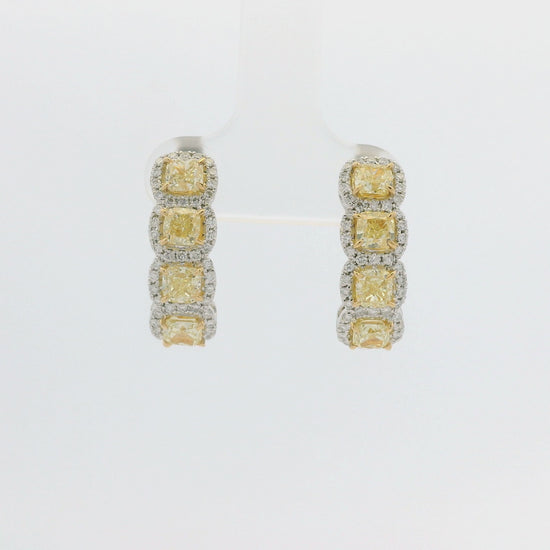 18k Two Tone Gold Natural Yellow Cushion Cut Diamond Halo Earrings