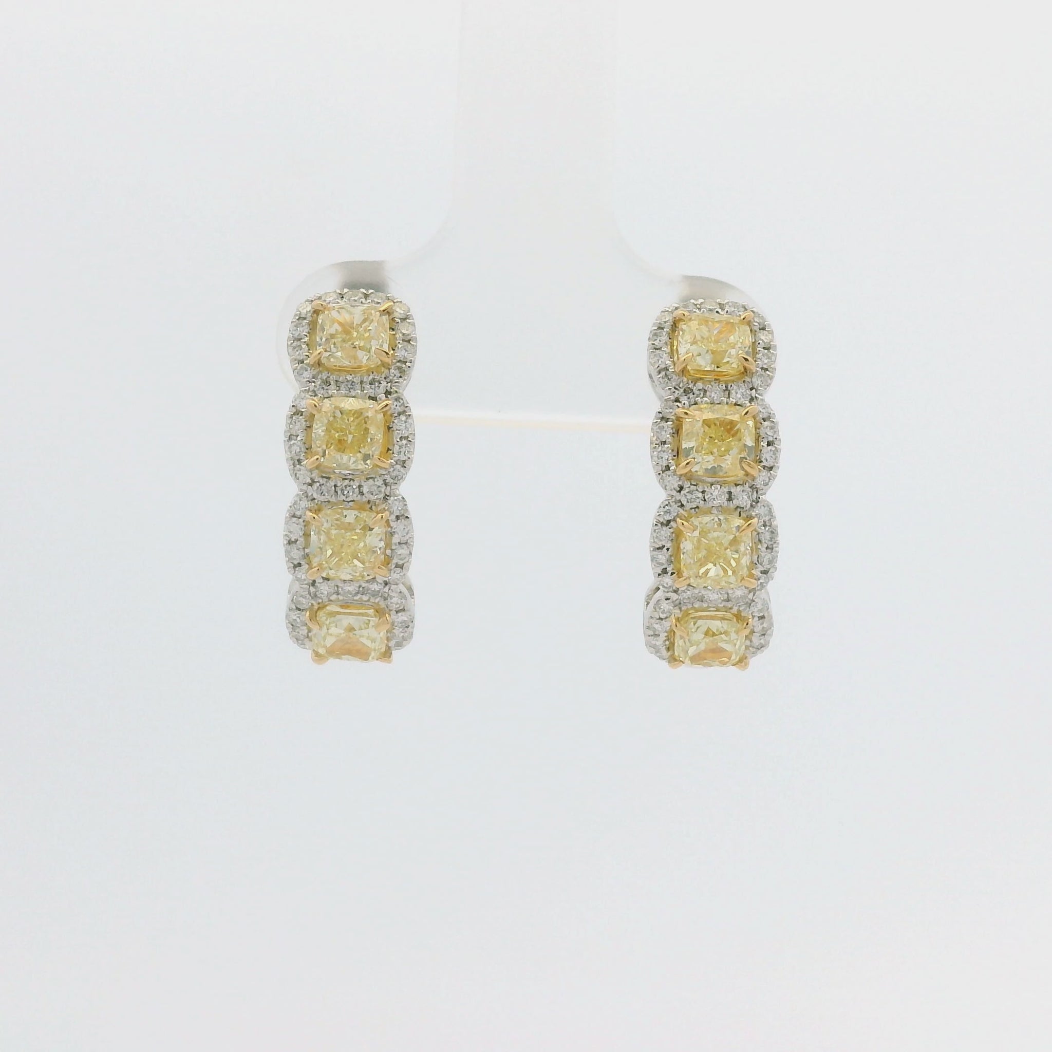 18k Two Tone Gold Natural Yellow Cushion Cut Diamond Halo Earrings