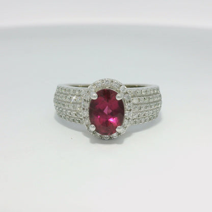 14k White Gold Pink Oval Gemstone & 5-Row Diamond Halo Ring