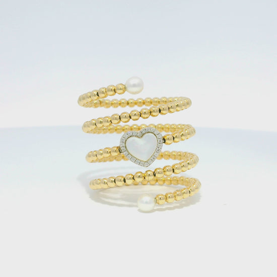 18k Yellow Gold Heart Mother of Pearl & Diamond Beaded Wrap Ring