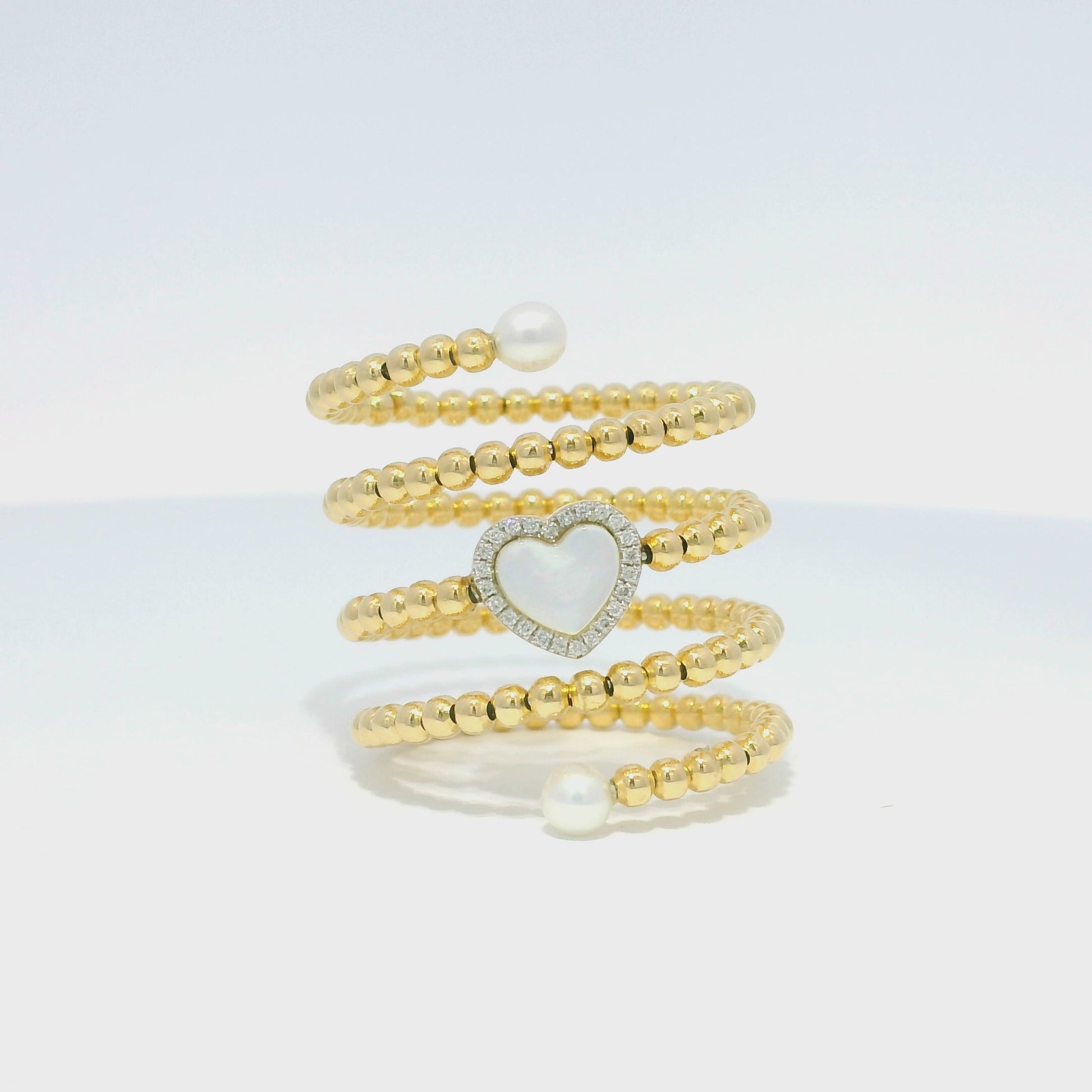 18k Yellow Gold Heart Mother of Pearl & Diamond Beaded Wrap Ring
