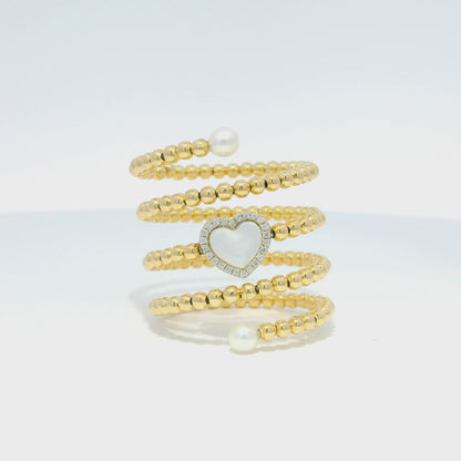 18k Yellow Gold Heart Mother of Pearl & Diamond Beaded Wrap Ring