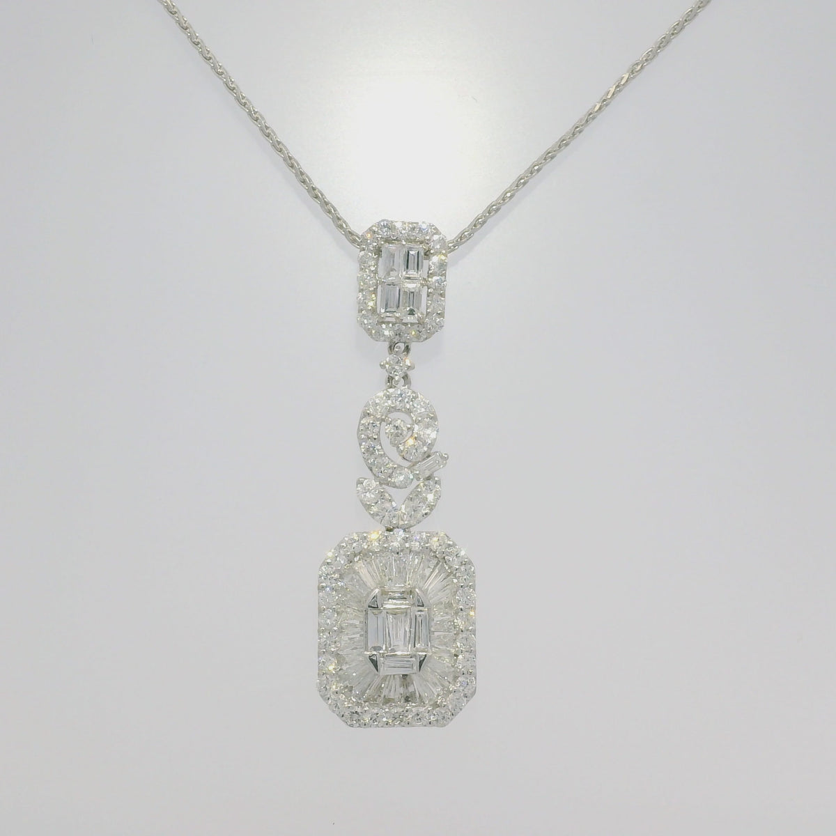 18k White Gold Natural Diamond Mosaic Multi-Shape Drop Pendant Necklace