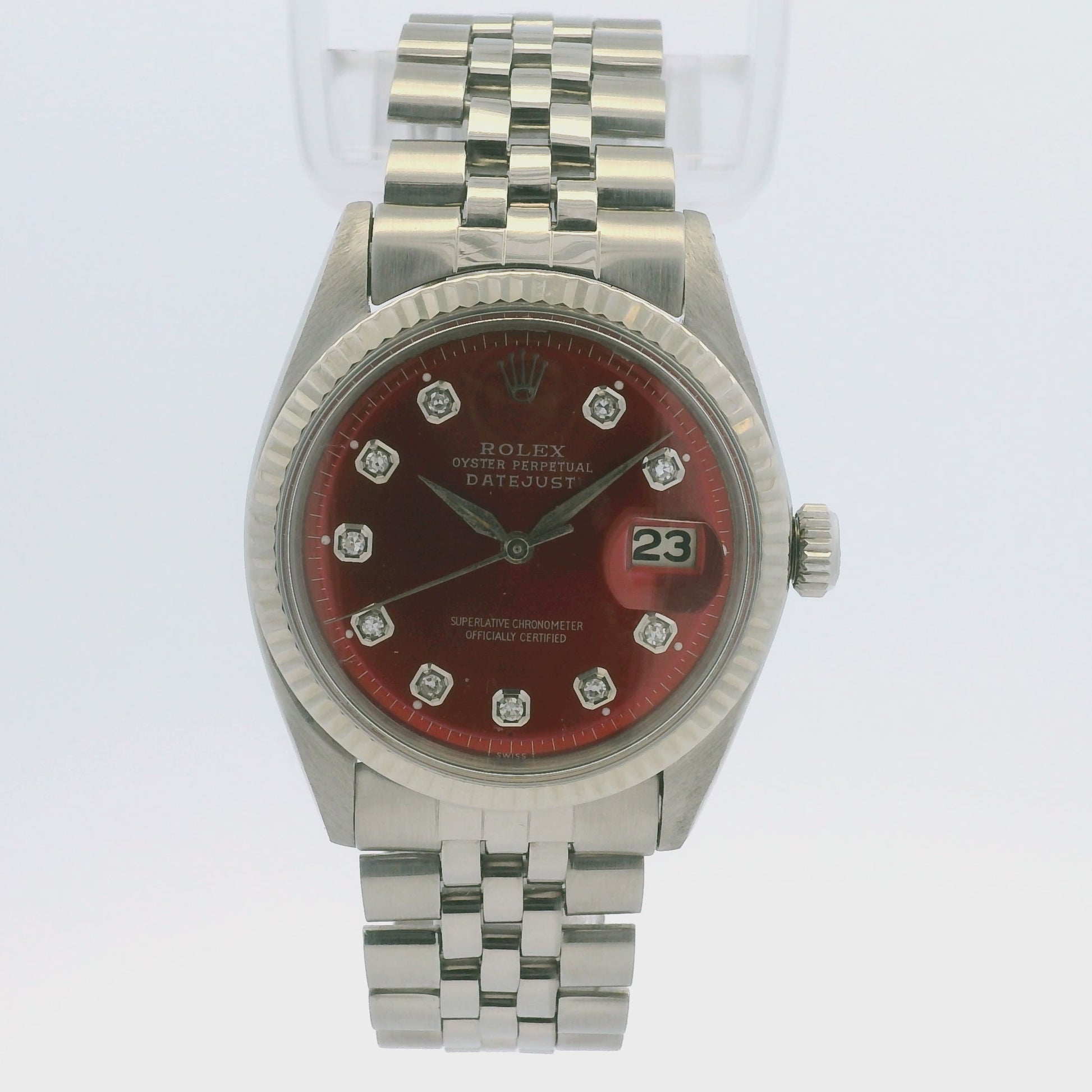 Rolex 1601 Datejust Stainless Steel Red Diamond Dial 36mm Watch