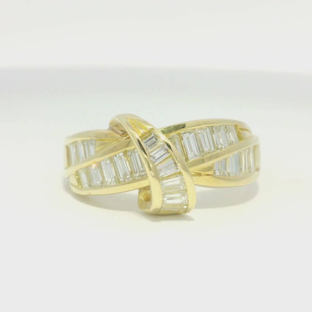 18k Yellow Gold Natural Baguette Cut Diamond Crossover Ring