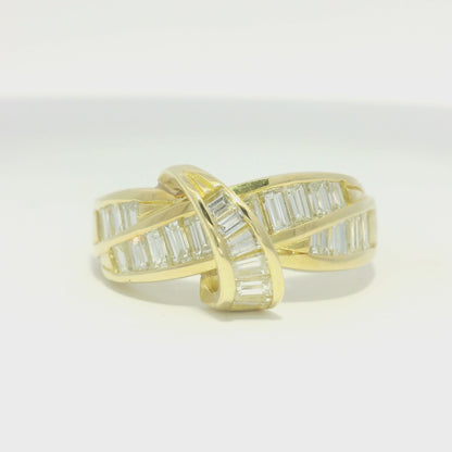 18k Yellow Gold Natural Baguette Cut Diamond Crossover Ring