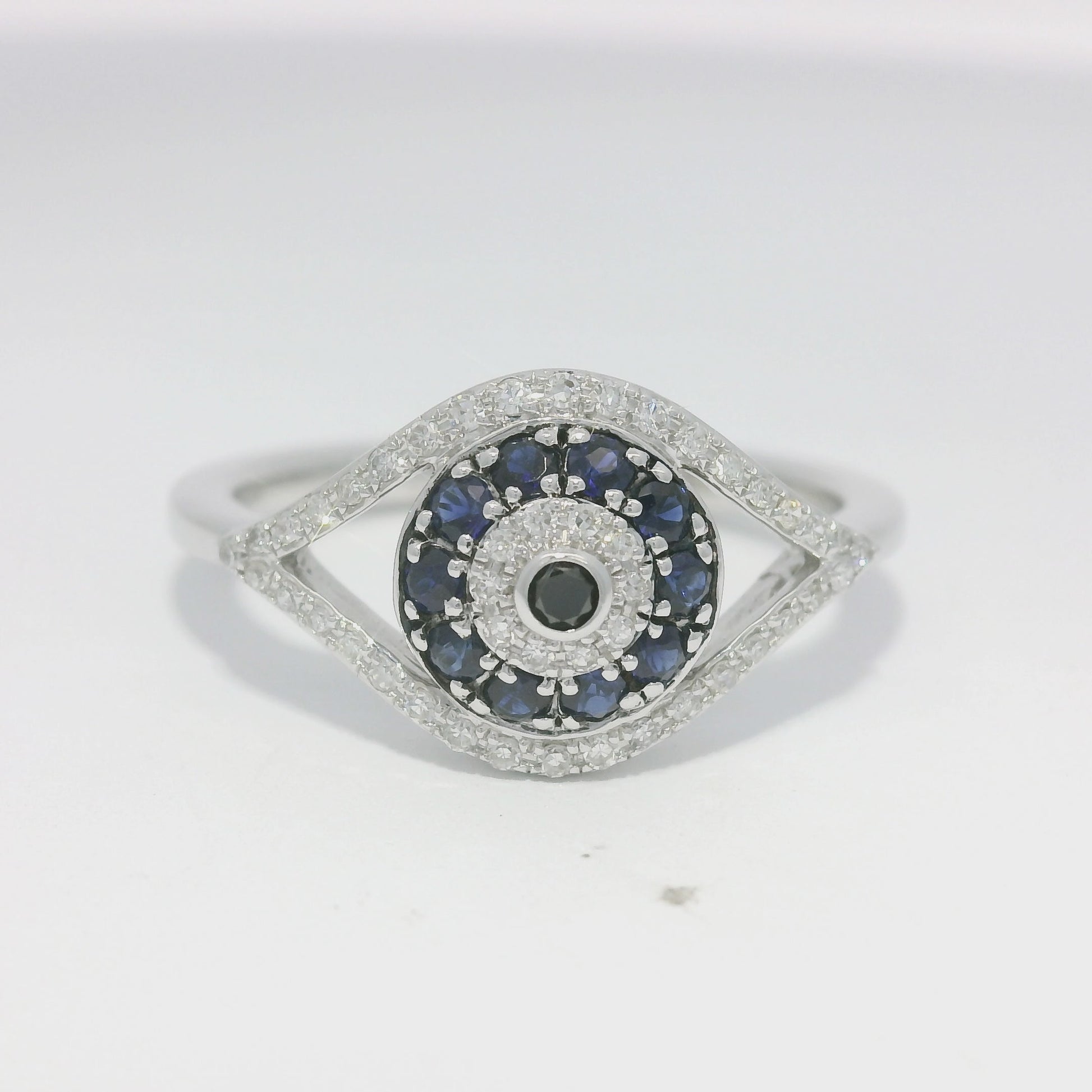 Effy 14k White Gold Natural Diamond & Sapphire Evil Eye Ring