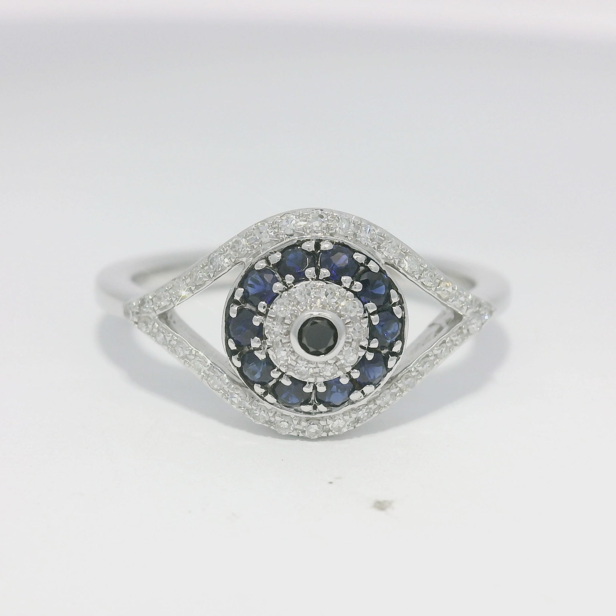 Effy 14k White Gold Natural Diamond & Sapphire Evil Eye Ring