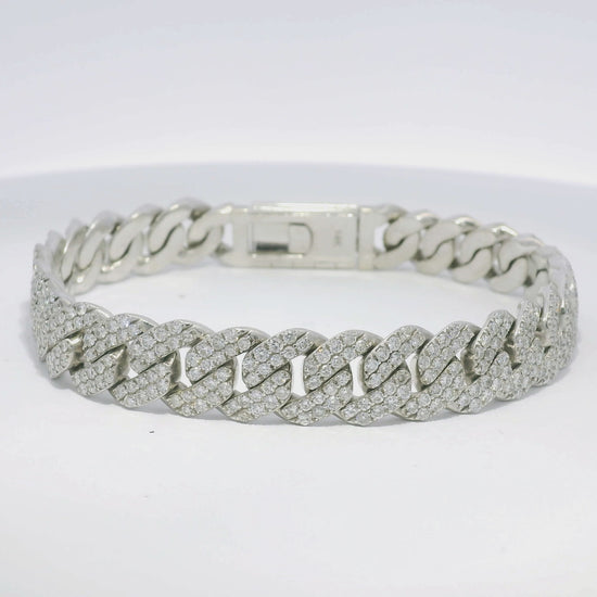 14k White Gold Natural 7.61 Carat Round Brilliant Diamond Pave Cuban Link Bracelet