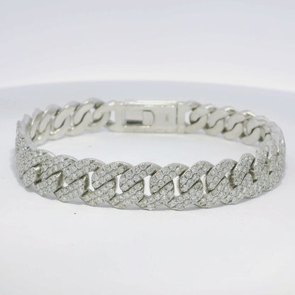 14k White Gold Natural 7.61 Carat Round Brilliant Diamond Pave Cuban Link Bracelet