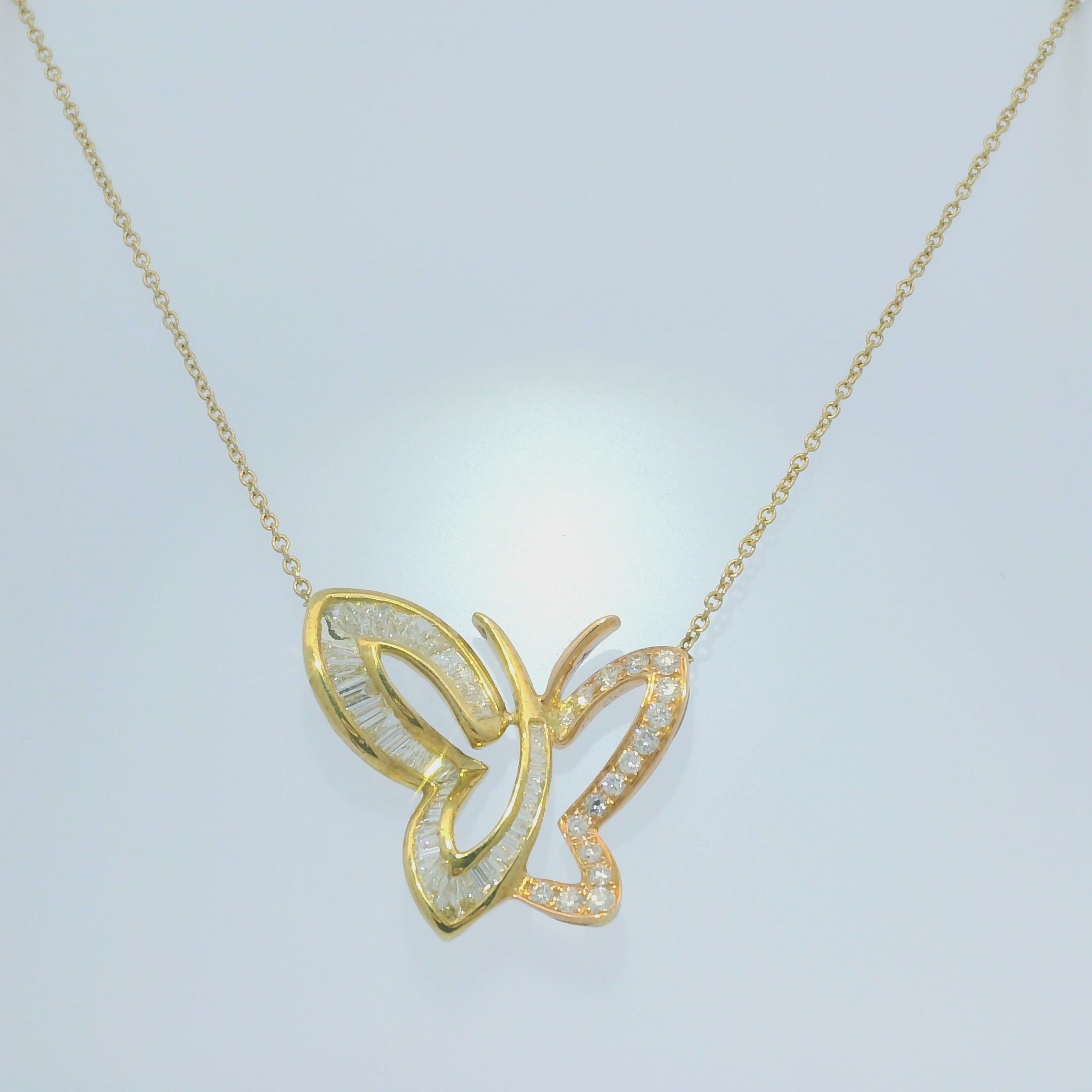 14K Rose & Yellow Gold Natural Diamond Butterfly Pendant Chain Necklace