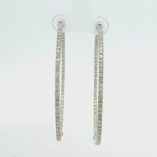 14k White Gold Natural Round Brilliant Cut Diamond Large Thin Hoop Earrings