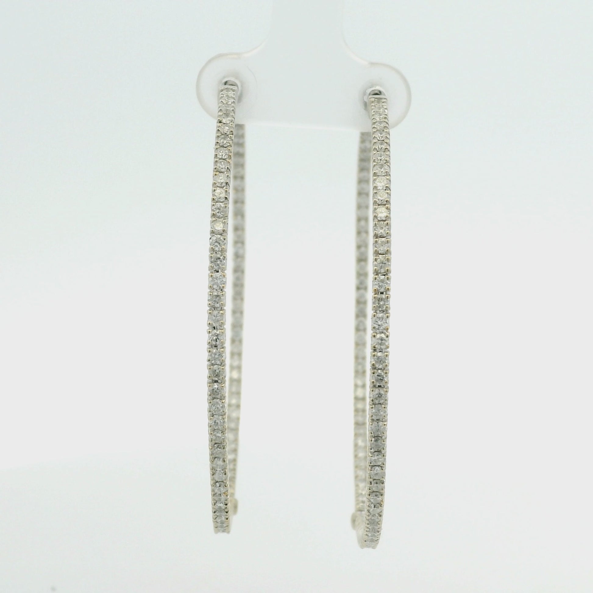 14k White Gold Natural Round Brilliant Cut Diamond Large Thin Hoop Earrings