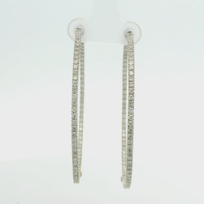 14k White Gold Natural Round Brilliant Cut Diamond Large Thin Hoop Earrings